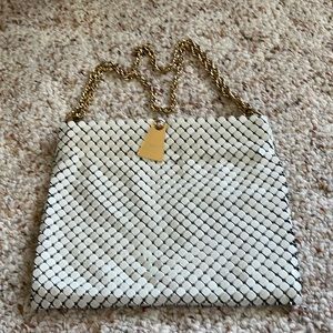 Used White Whiting & Davis Shoulder Purse With Double Gold Chains